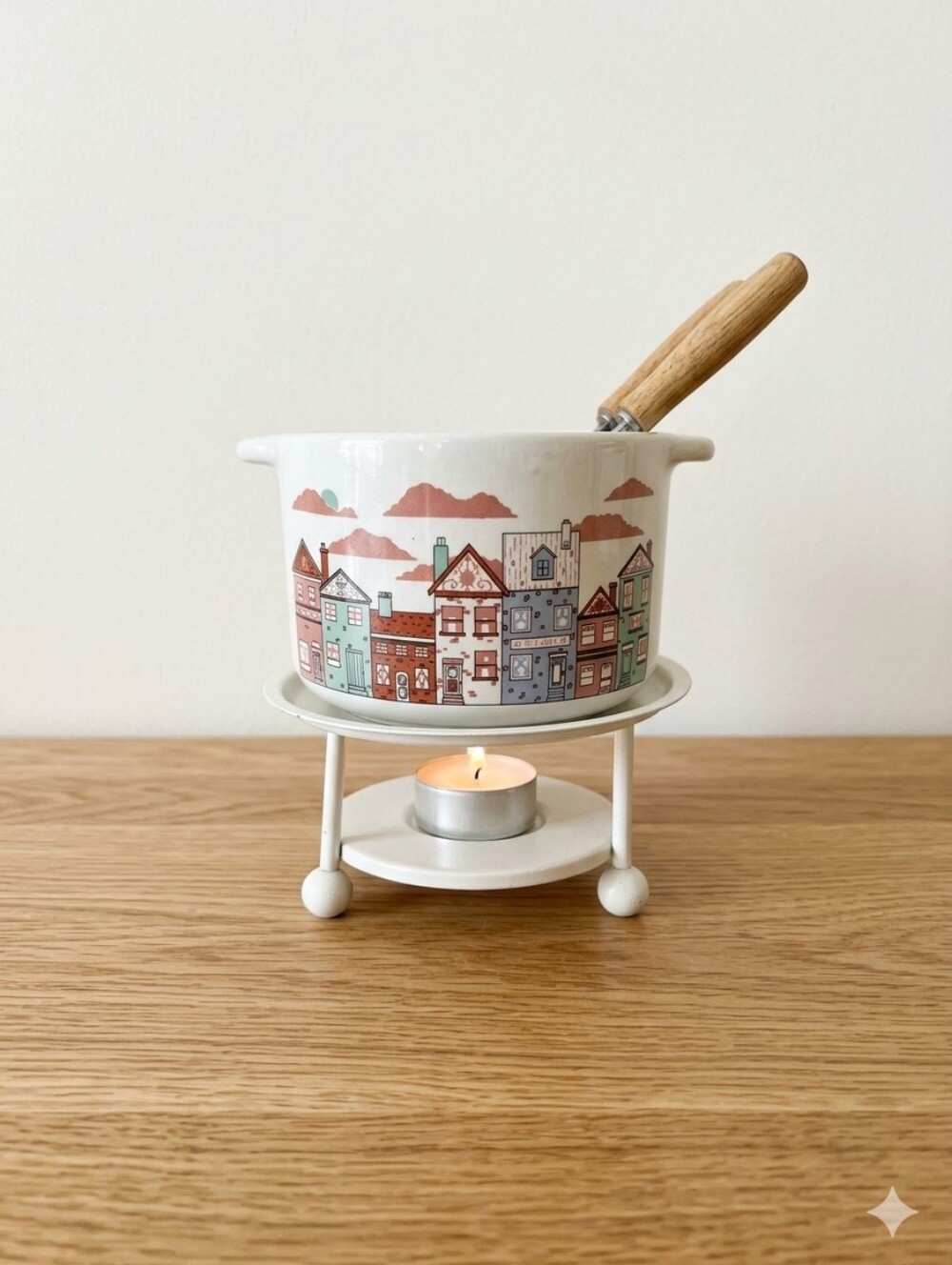 Vintage Fondue Set – Pastel House Design with Wooden-Handled Forks
